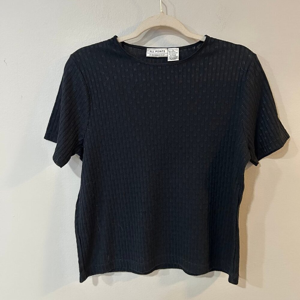 All Points By Reference Point Black Crewneck Embroidered Top Women’s Size Large